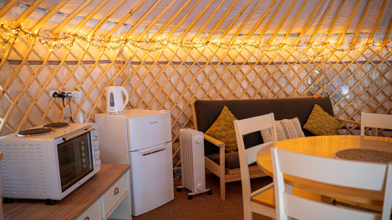 The microwave, kettle and fridge in the yurt