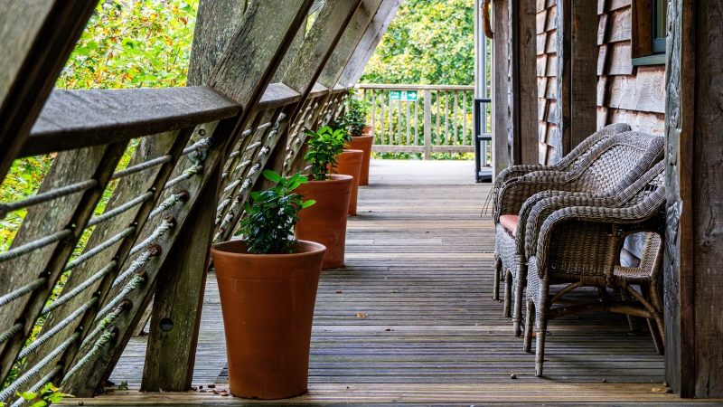 Peaceful walk way and balcony of rustic building surrounded by trees