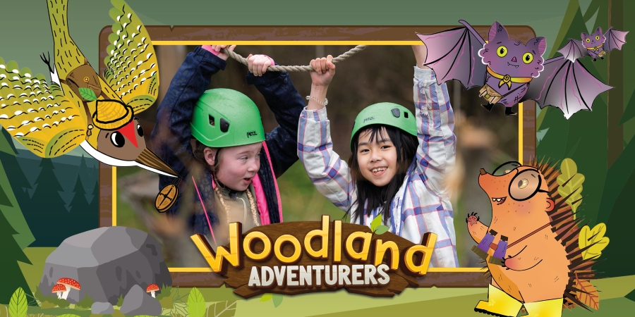 Children enjoying a high ropes activity surrounded by illustrations of woodland creatures
