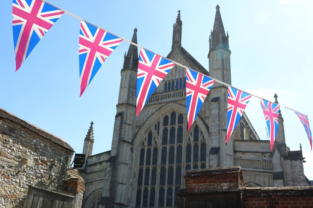 Winchester Cathedral with Union Jack bunting