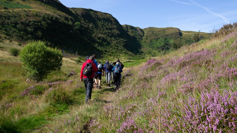Group of young people hiking in mountains