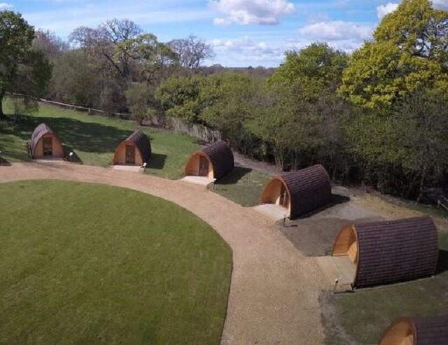 Ariel view of the Poppy Pods at Tile Barn Outdoor Centre
