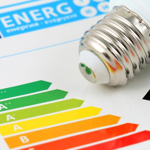  Photograph of an energy saving lightbulb and energy efficiency rating