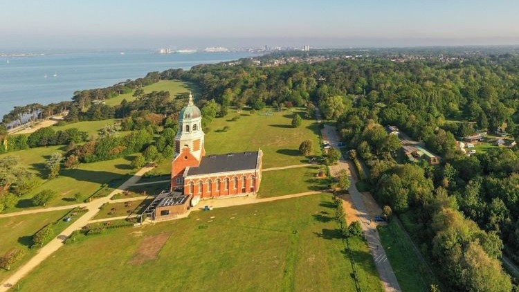 Aerial view of country park and chapel