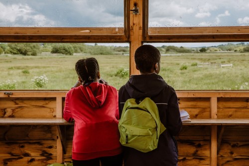 Children looking out of a bird hide