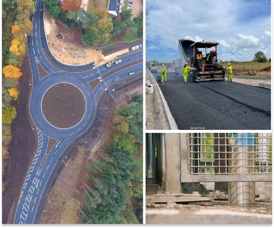 Mosaic of three photographs showing an aerial view of a roundabout; road resurfacing and a person in a lab